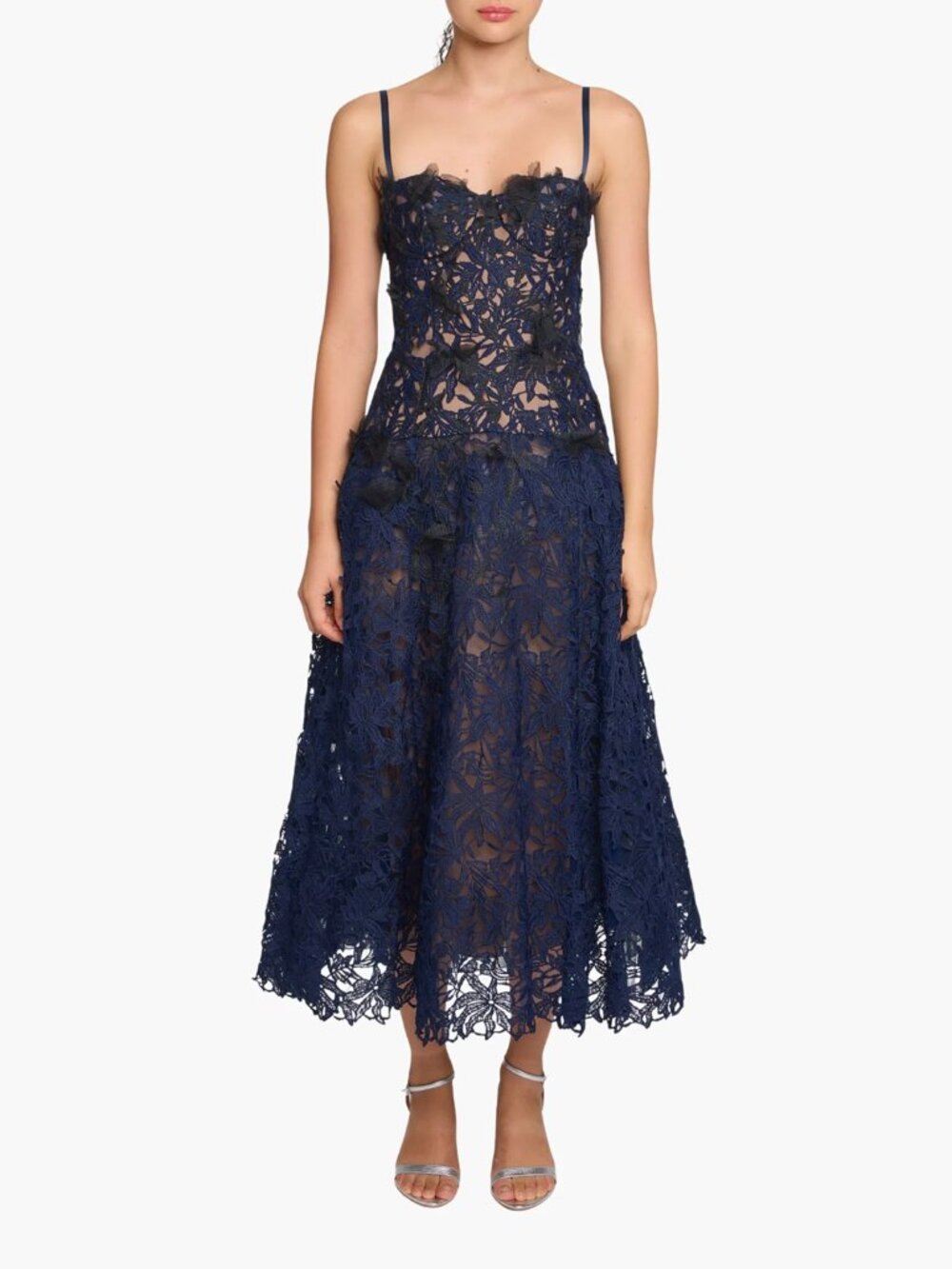 Marchesa Notte Vivarium Vines Lace Guipure A-line Midi Dress